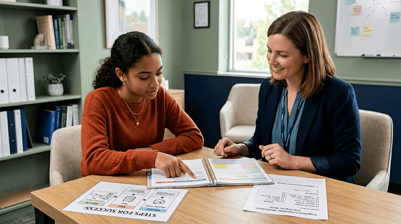 Child working on cognitive-linguistic exercises with therapist in Northern Colorado