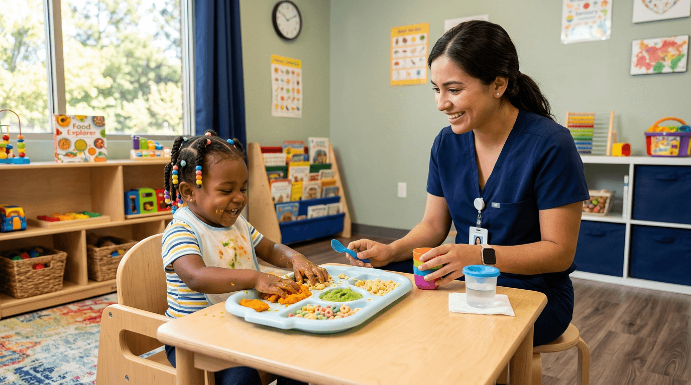 Toddler exploring foods during pediatric feeding therapy session at Front Range Speech in Greeley, CO