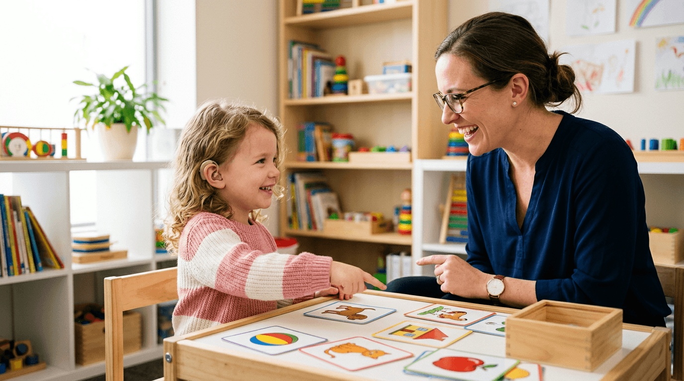 Child with hearing aid receiving speech therapy at Front Range Speech in Northern Colorado